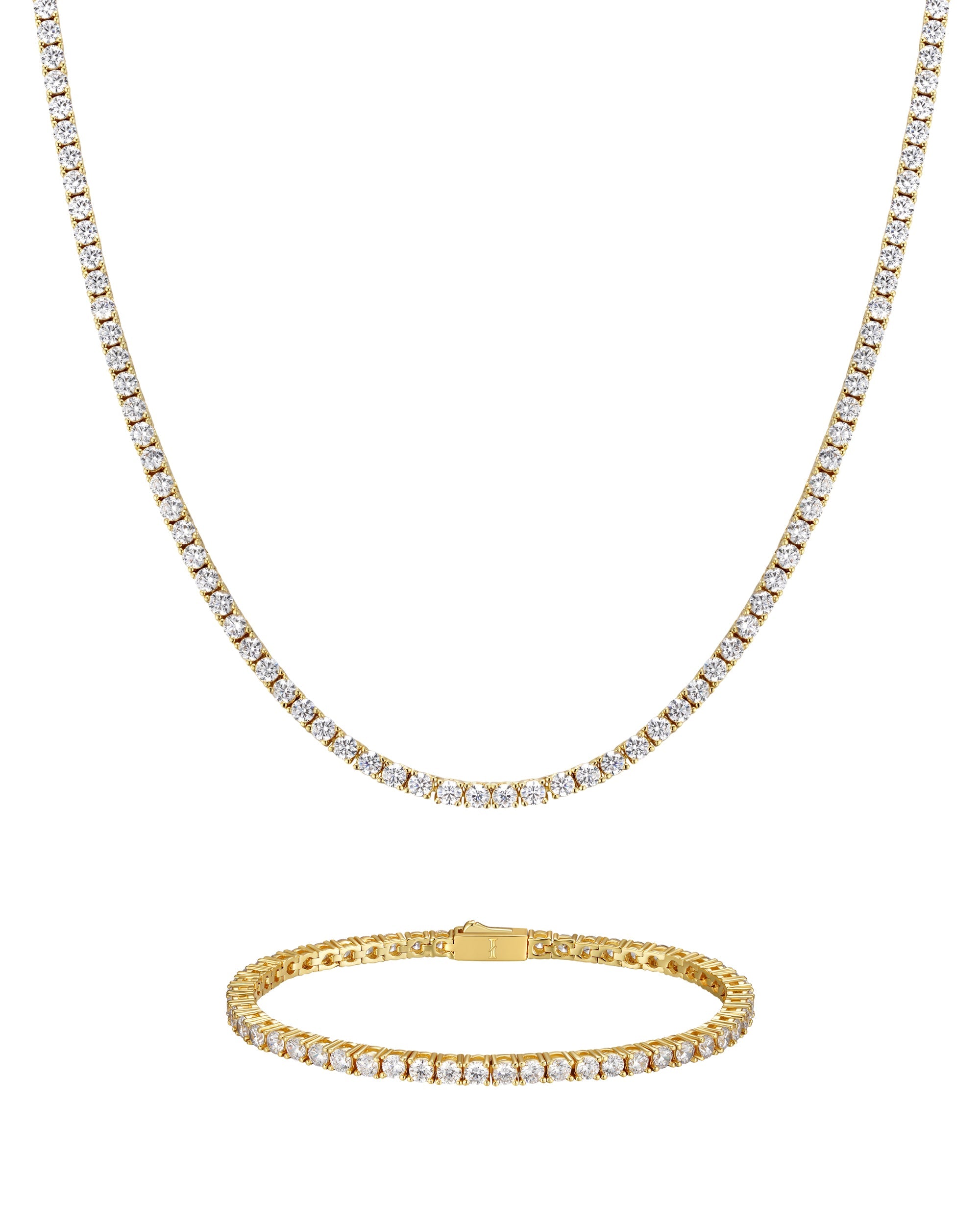 3mm 18K gold ice sparkler tennis chain necklace and bracelet set by Iceman Society