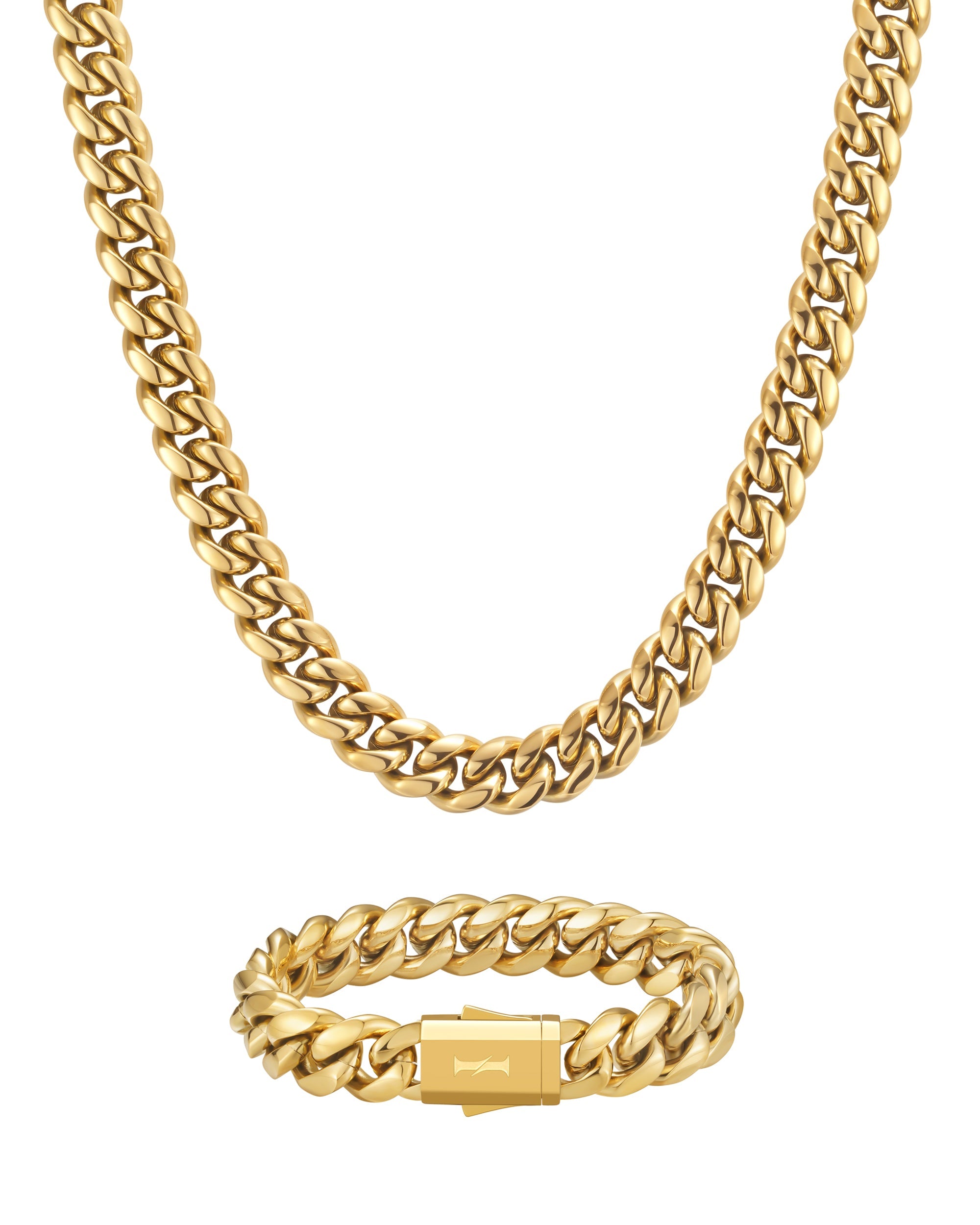 12mm 18K gold plain cuban chain necklace and bracelet set by Iceman Society